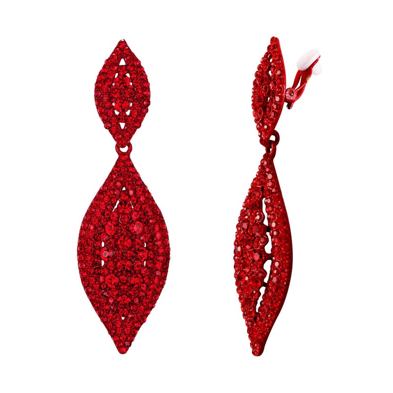 Flyonce Clip On Earrings for Women, Glitter Rhinestone Crystal Wedding Bridal Clip-on Drop Dangle Earring for Non Pierced Ears Red Red-Tone - Image 2